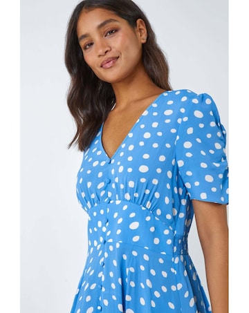 Roman Polka Dot Ruched Sleeve Midi Dress