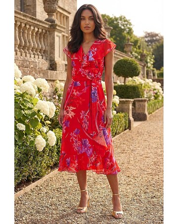 Roman Floral Print Wrap Front Midi Dress