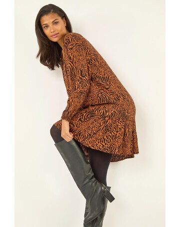 Roman Animal Print Pintuck Smock Dress