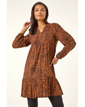 Roman Animal Print Pintuck Smock Dress