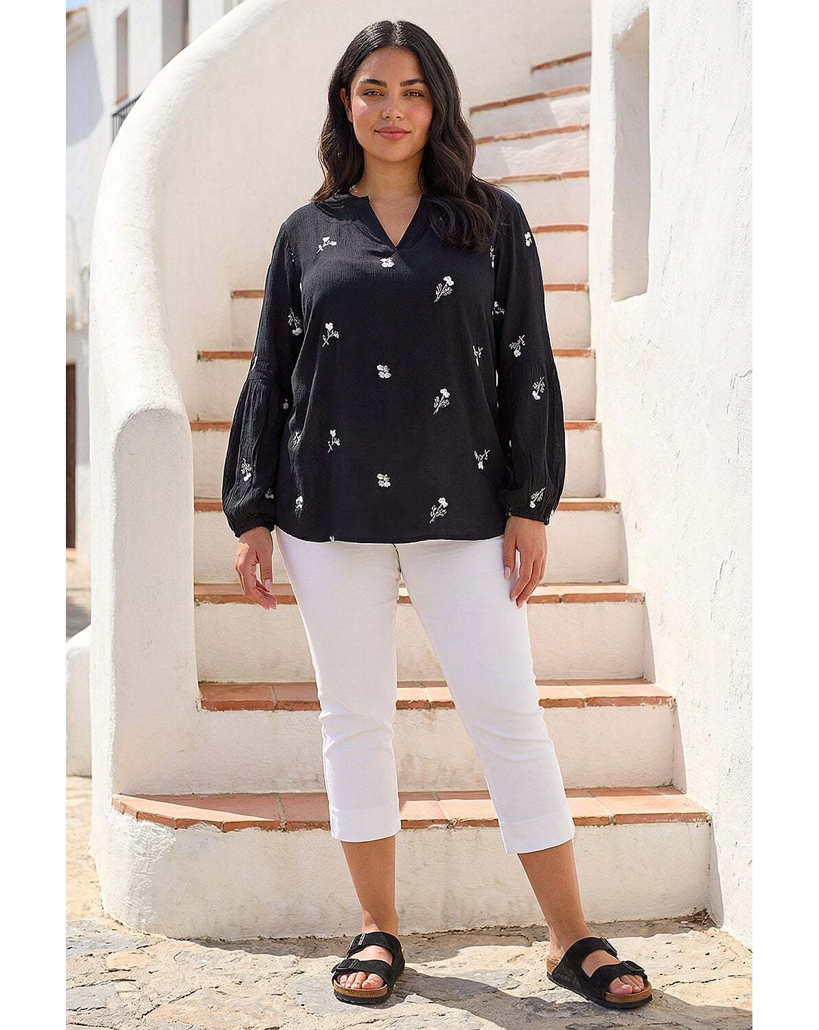 Roman Curve Embroidered Woven Top