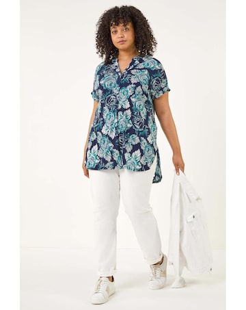 Roman Curve Floral Print Stretch Shirt