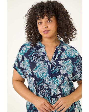 Roman Curve Floral Print Stretch Shirt