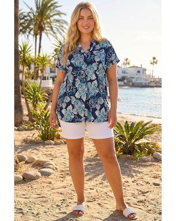 Roman Curve Floral Print Stretch Shirt
