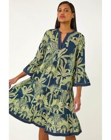 Roman Palm Print V-Neck Tiered Dress