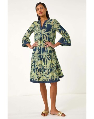 Roman Palm Print V-Neck Tiered Dress