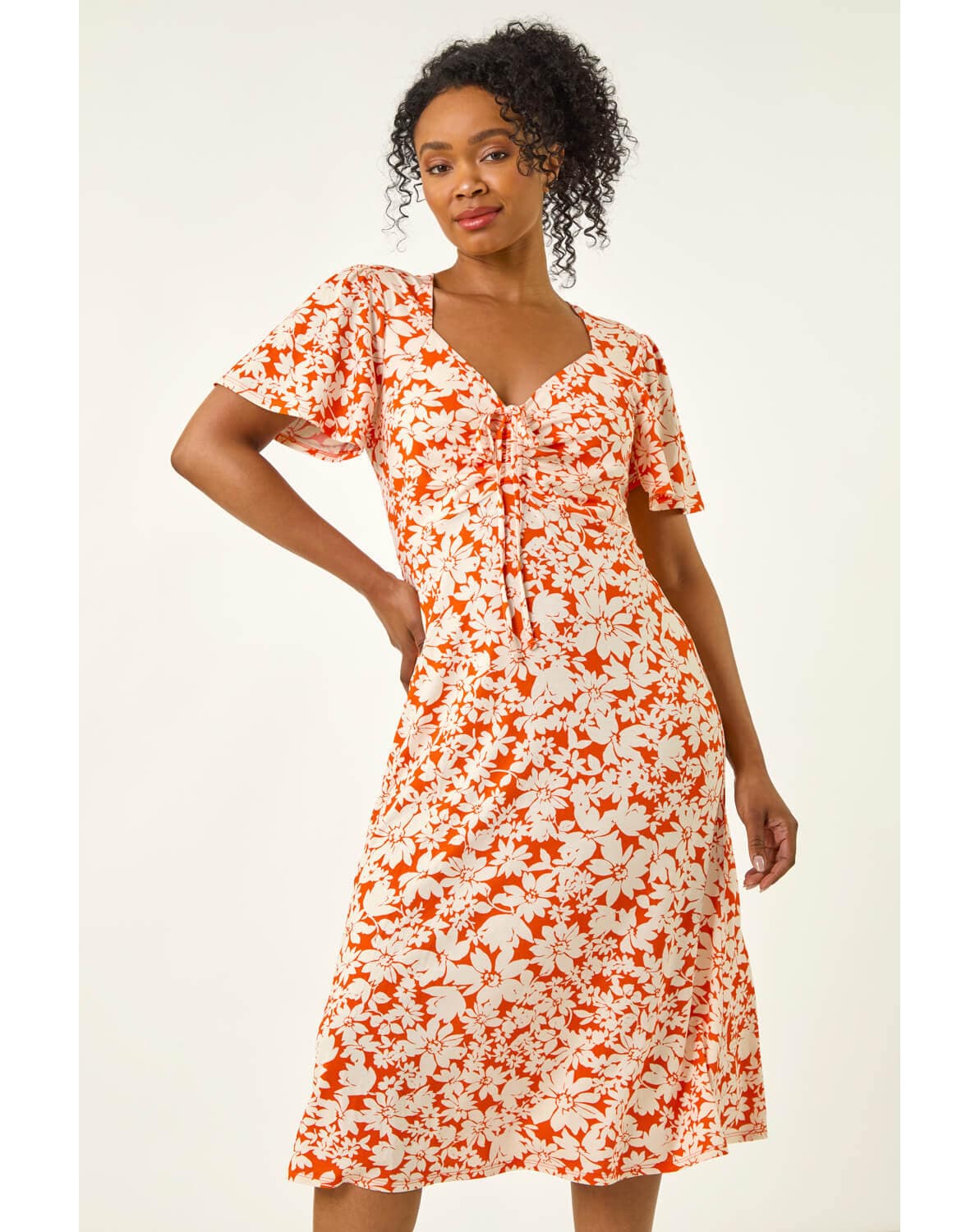 Roman Petite Floral Ruched Midi Dress