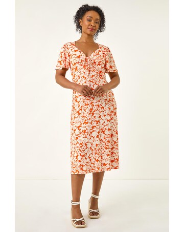 Roman Petite Floral Ruched Midi Dress