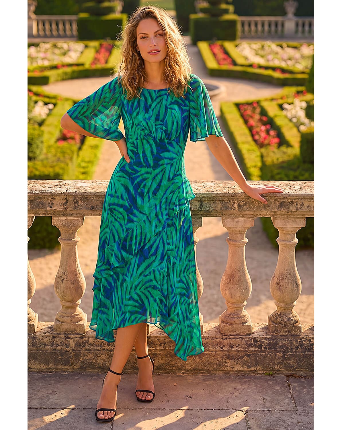 Roman Leaf Print Chiffon Frill Dress