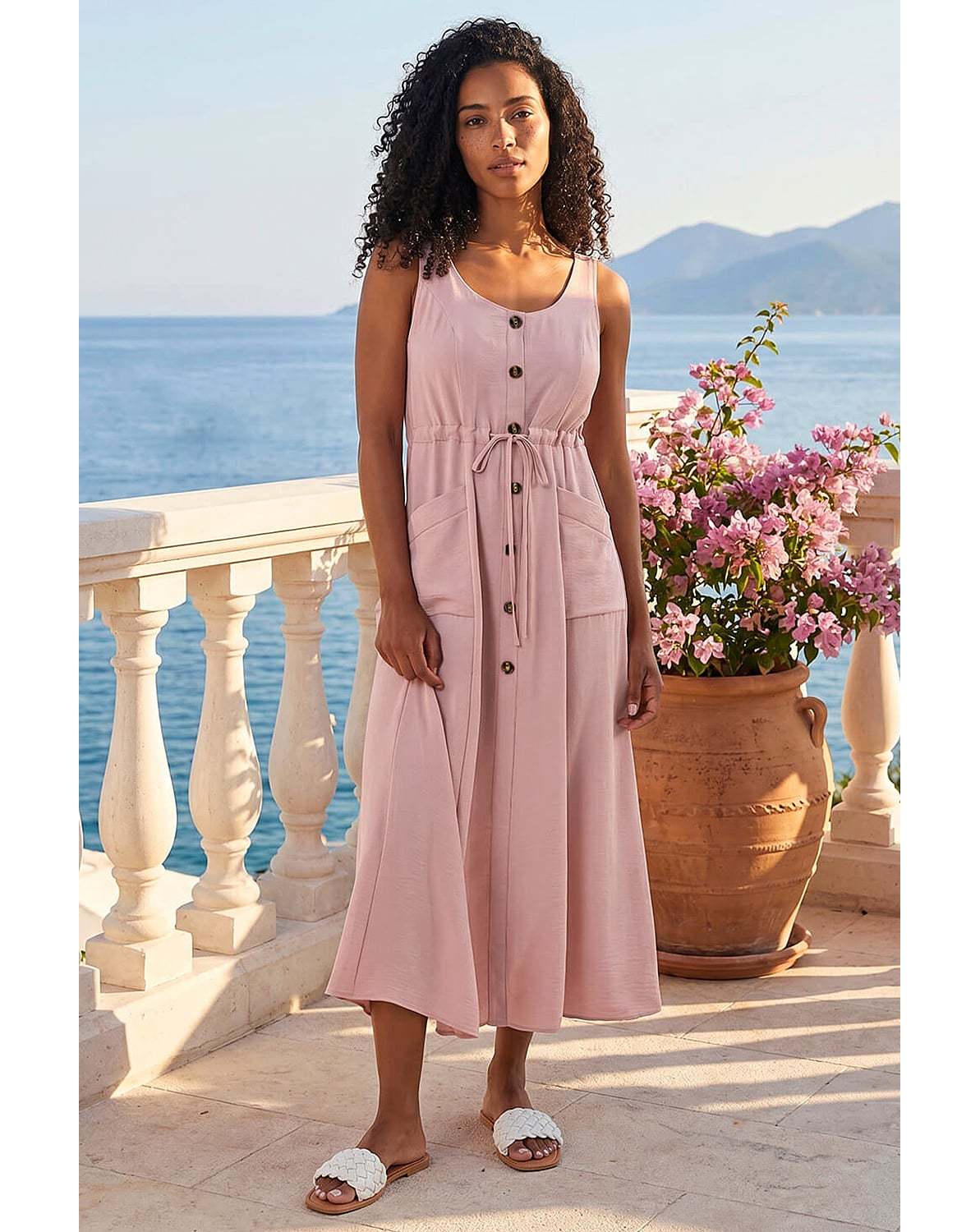 Roman Buttoned Tie Waist Midi Dress