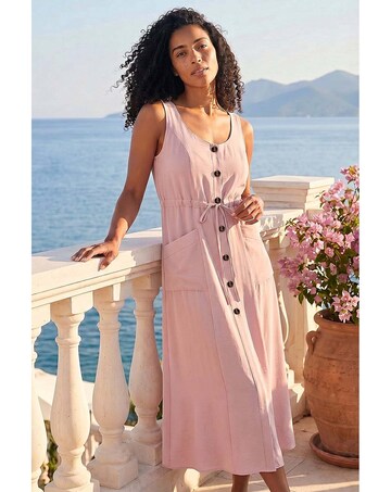 Roman Buttoned Tie Waist Midi Dress