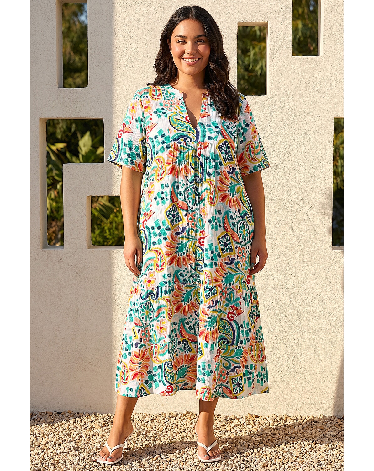 Roman Curve Printed V-Neck Midi Dress