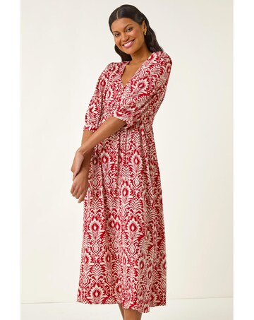 Roman Abstract Print V-Neck Midi Dress