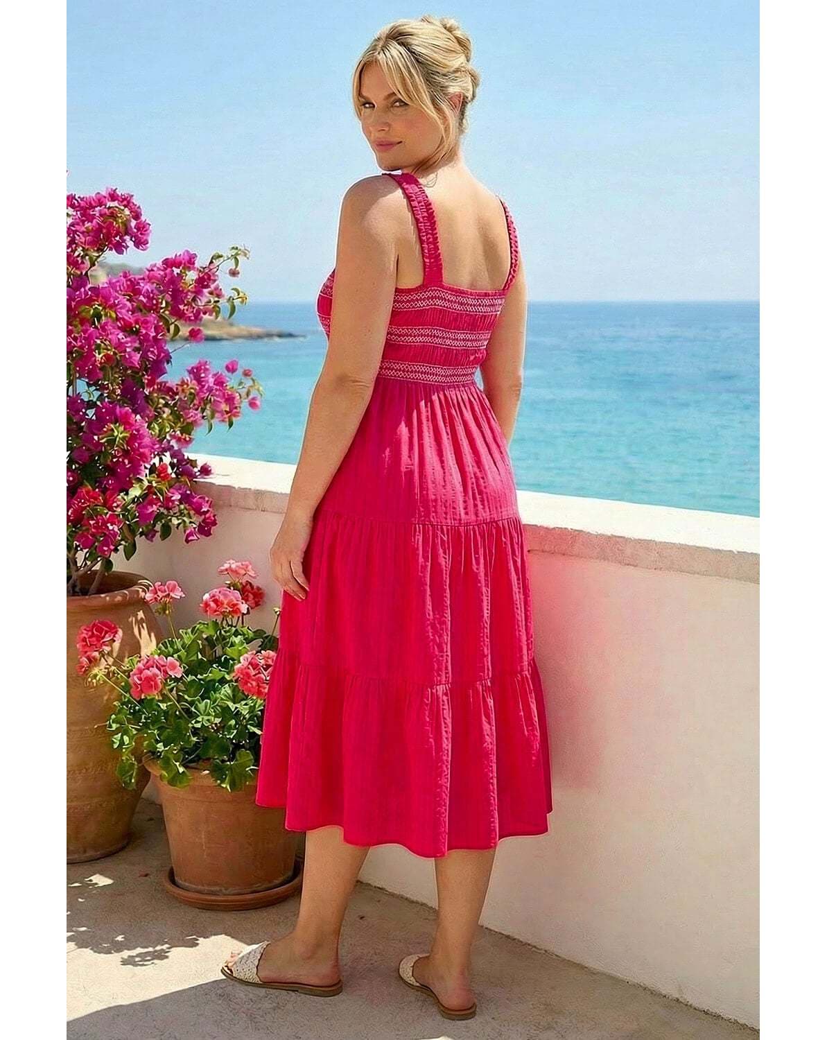 New In - Roman Curve Strappy Shirred Midi Dress