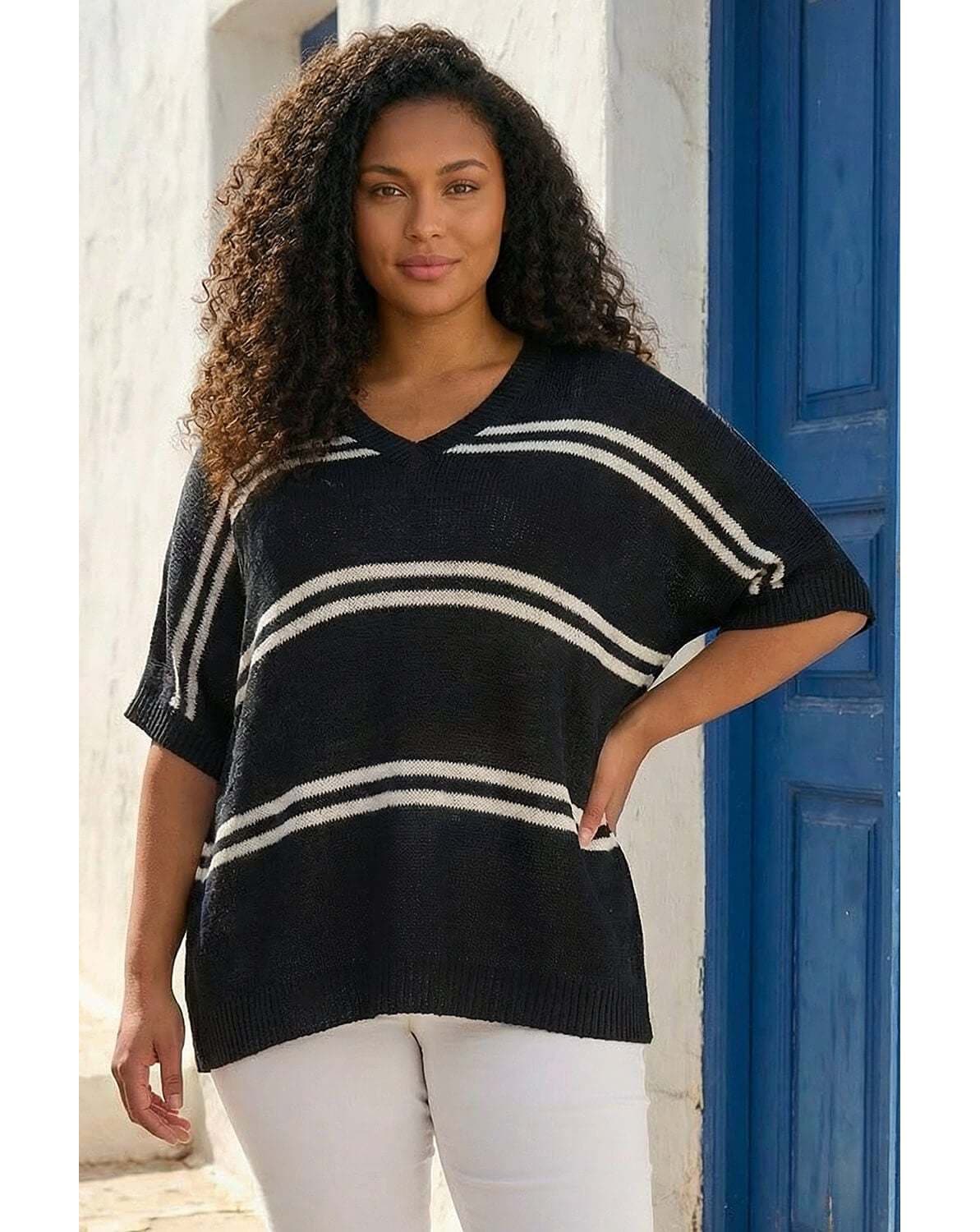 New In - Roman Curve Stripe V-Neck Knit Jumper