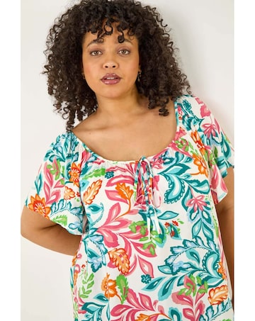 Roman Curve Floral Pom Pom Bardot Top