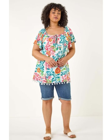 Roman Curve Floral Pom Pom Bardot Top