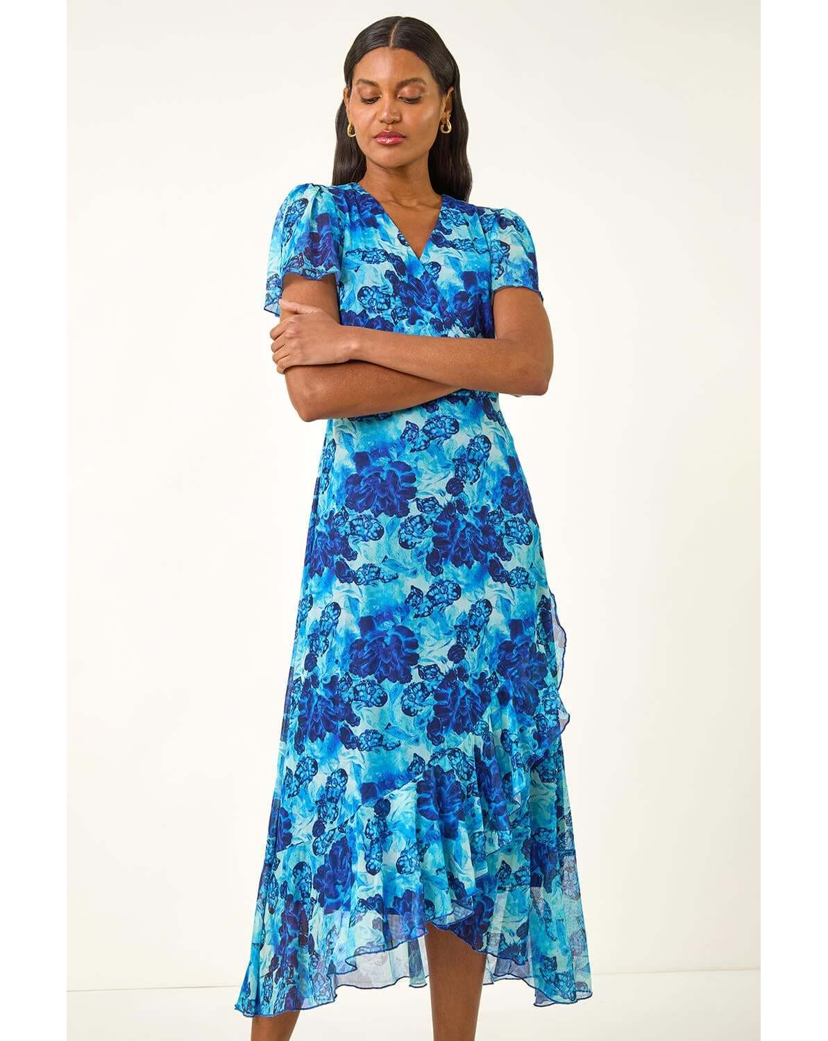 New In - Roman Floral Frill Mesh Stretch Dress