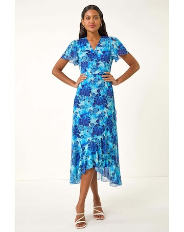 Roman Floral Frill Mesh Stretch Dress
