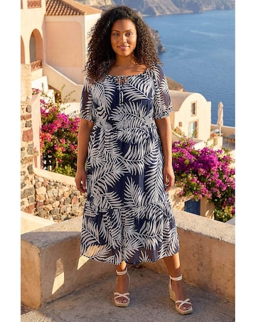 Roman Curve Leaf Tie Neck Midi Dress