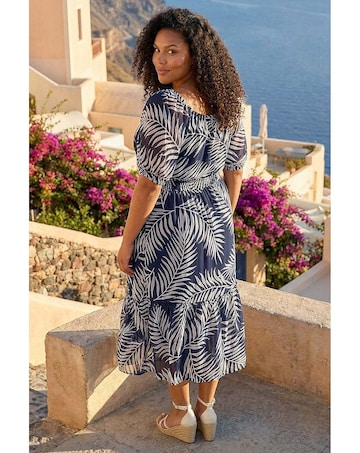Roman Curve Leaf Tie Neck Midi Dress