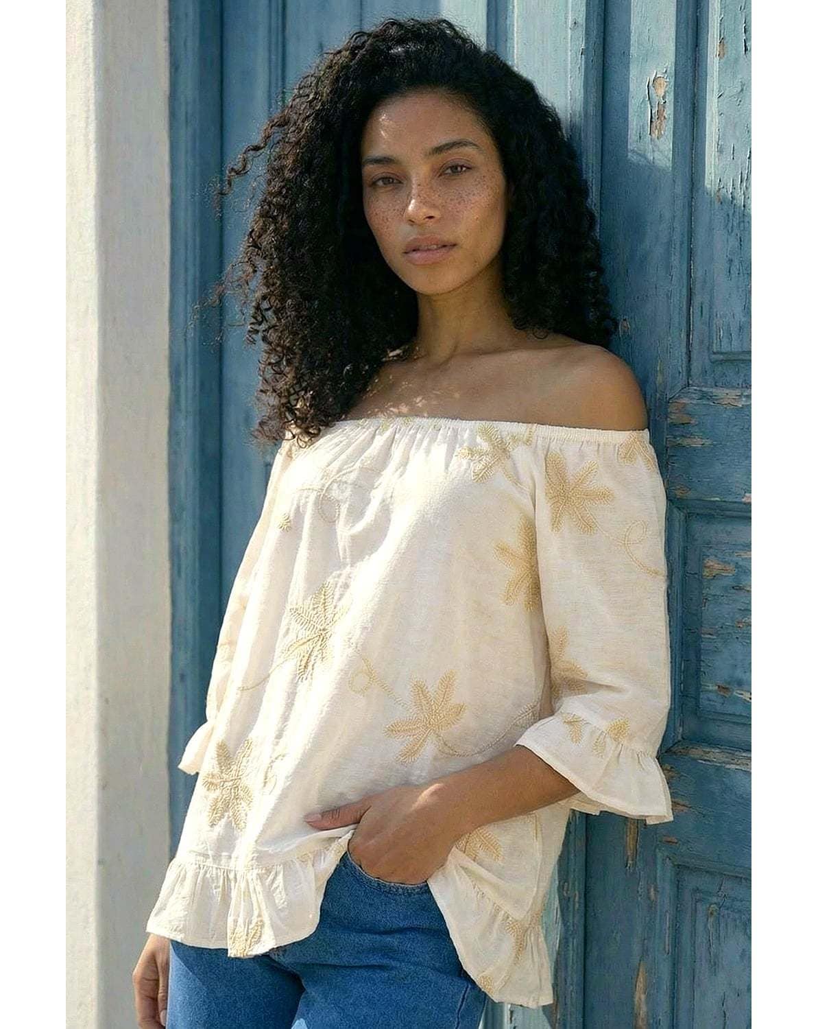 New In - Roman Floral Embroidered Bardot Top