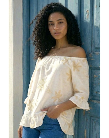 Roman Floral Embroidered Bardot Top