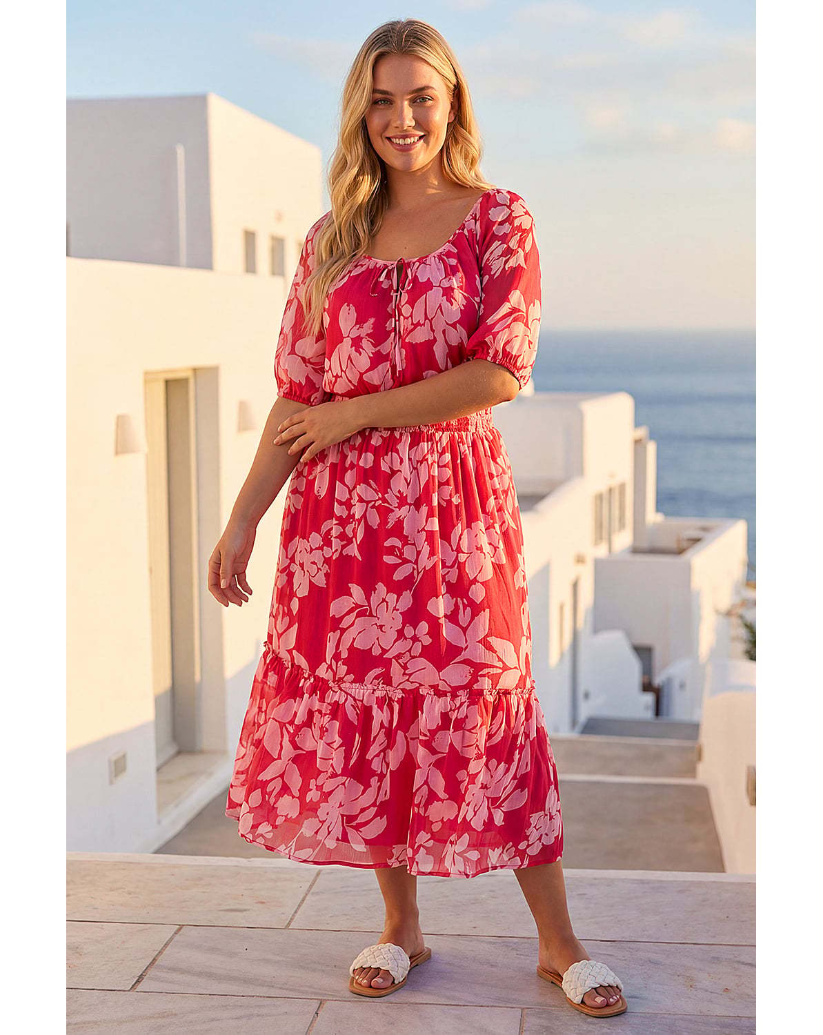 New In - Roman Curve Tropical Tie Neck Midi Dress