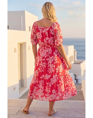 Roman Curve Tropical Tie Neck Midi Dress