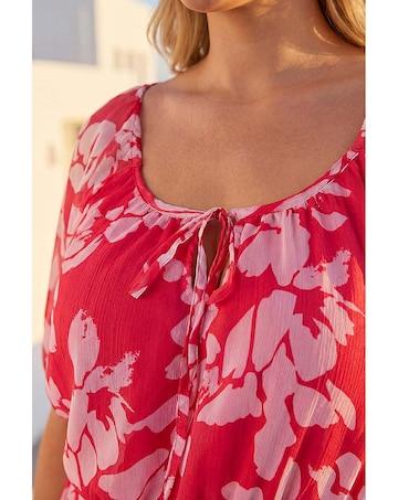 Roman Curve Tropical Tie Neck Midi Dress
