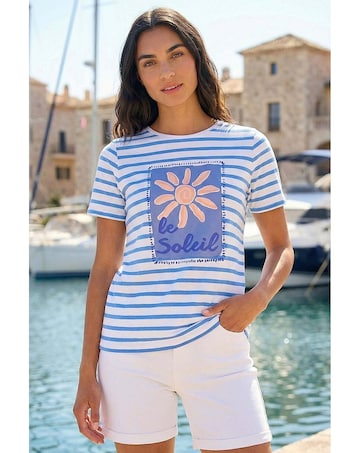 Roman Motif Stripe Print Cotton T-Shirt