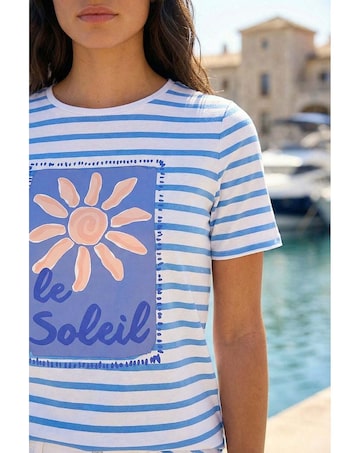 Roman Motif Stripe Print Cotton T-Shirt