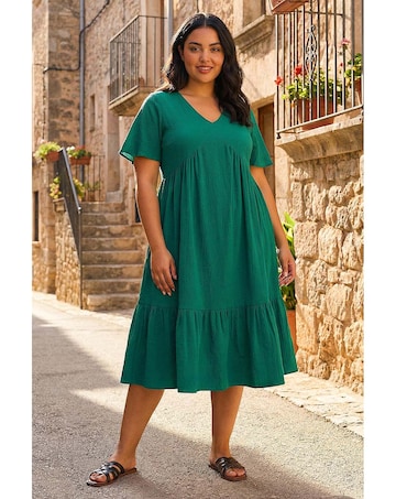 Roman Curve Textured V-Neck Midi Dress