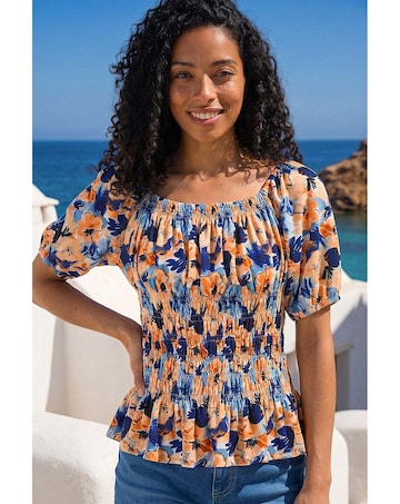 Roman Floral Print Shirred Bardot Top