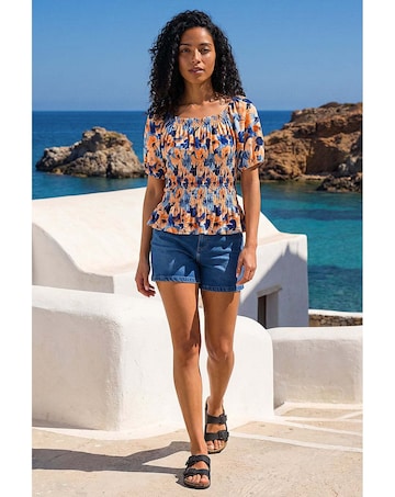 Roman Floral Print Shirred Bardot Top