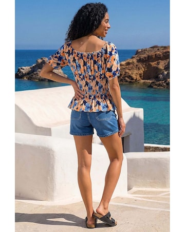 Roman Floral Print Shirred Bardot Top