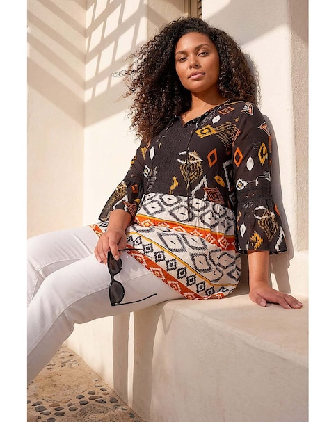 Roman Curve Ikat Print Woven Top