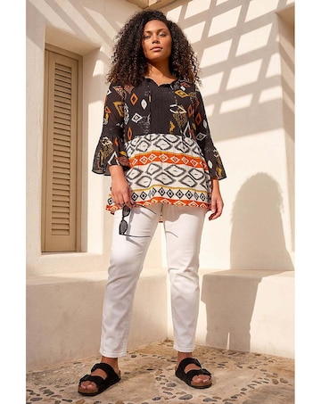 Roman Curve Ikat Print Woven Top