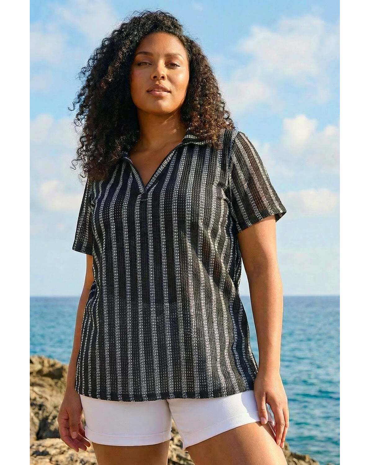 New In - Roman Curve Stripe Collared Knit Top