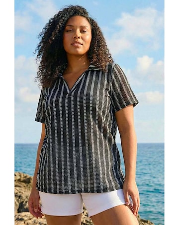 Roman Curve Stripe Collared Knit Top