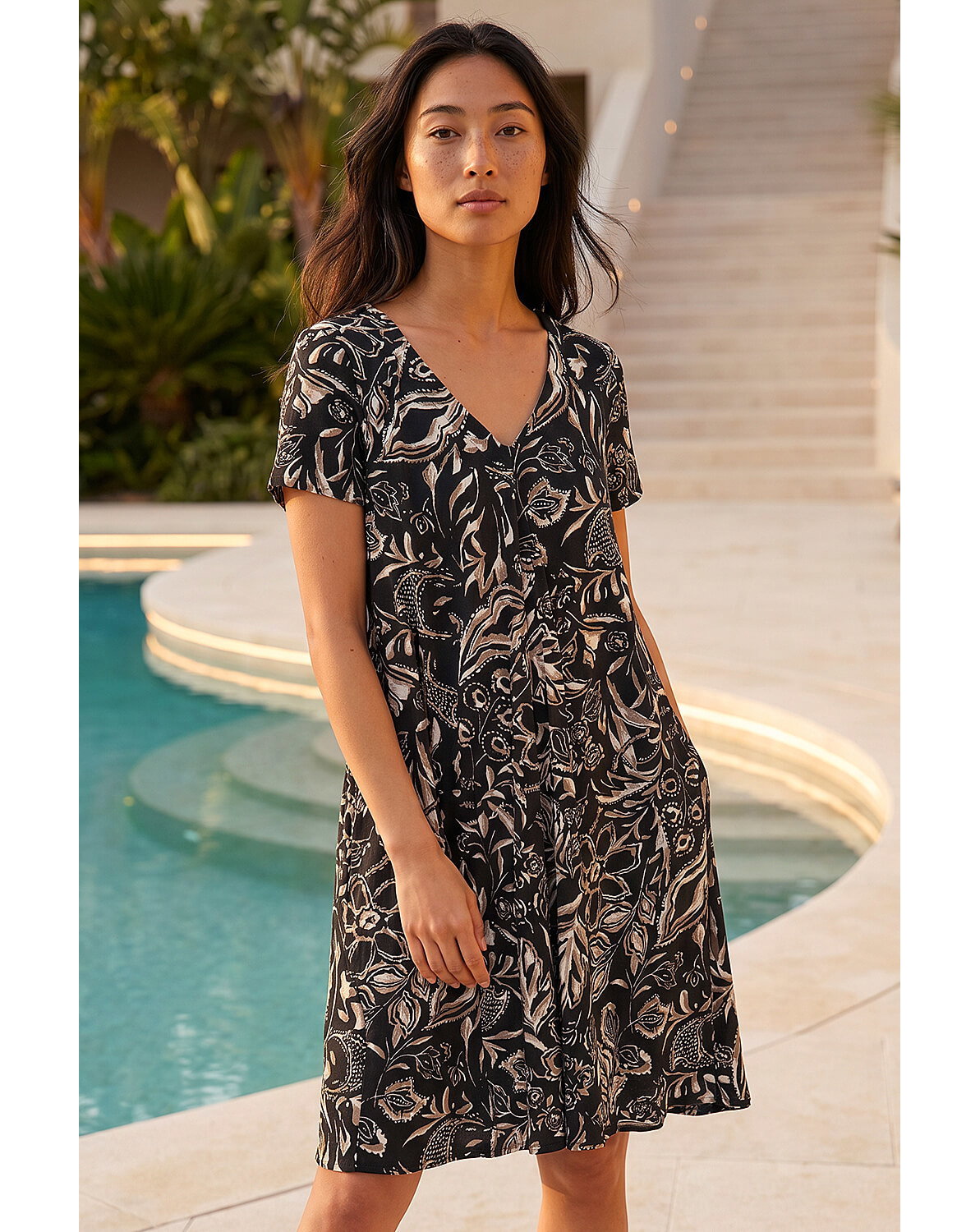 Roman Petite Print V-Neck Swing Dress
