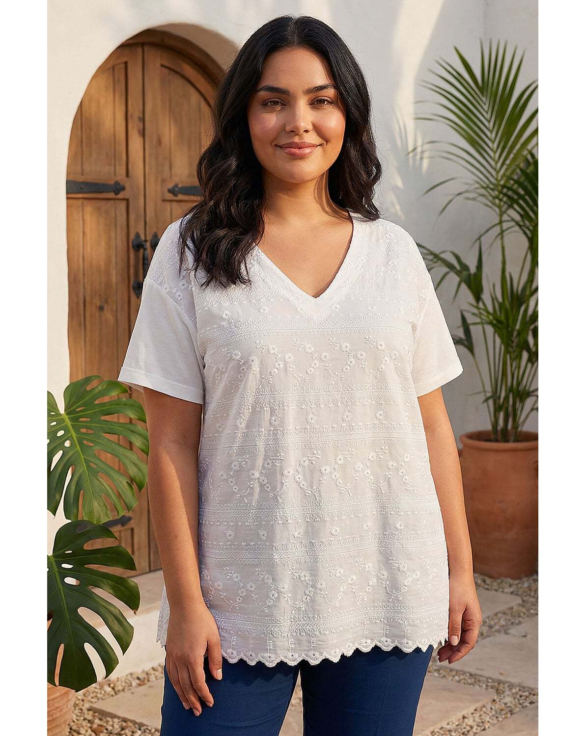 New In - Roman Curve Textured V-Neck Top