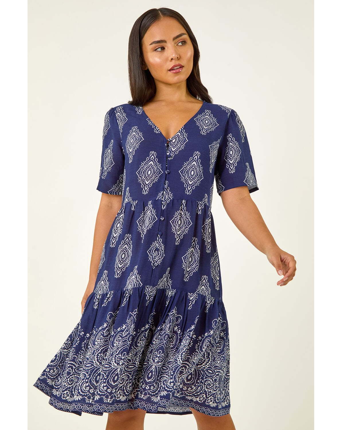 New In - Roman Petite Border Print Tiered Dress
