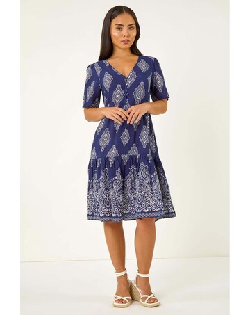 Roman Petite Border Print Tiered Dress