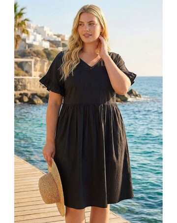 Roman Curve Cotton V-Neck Frill Dress