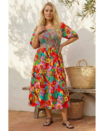 Roman Curve Floral Shirred Midi Dress