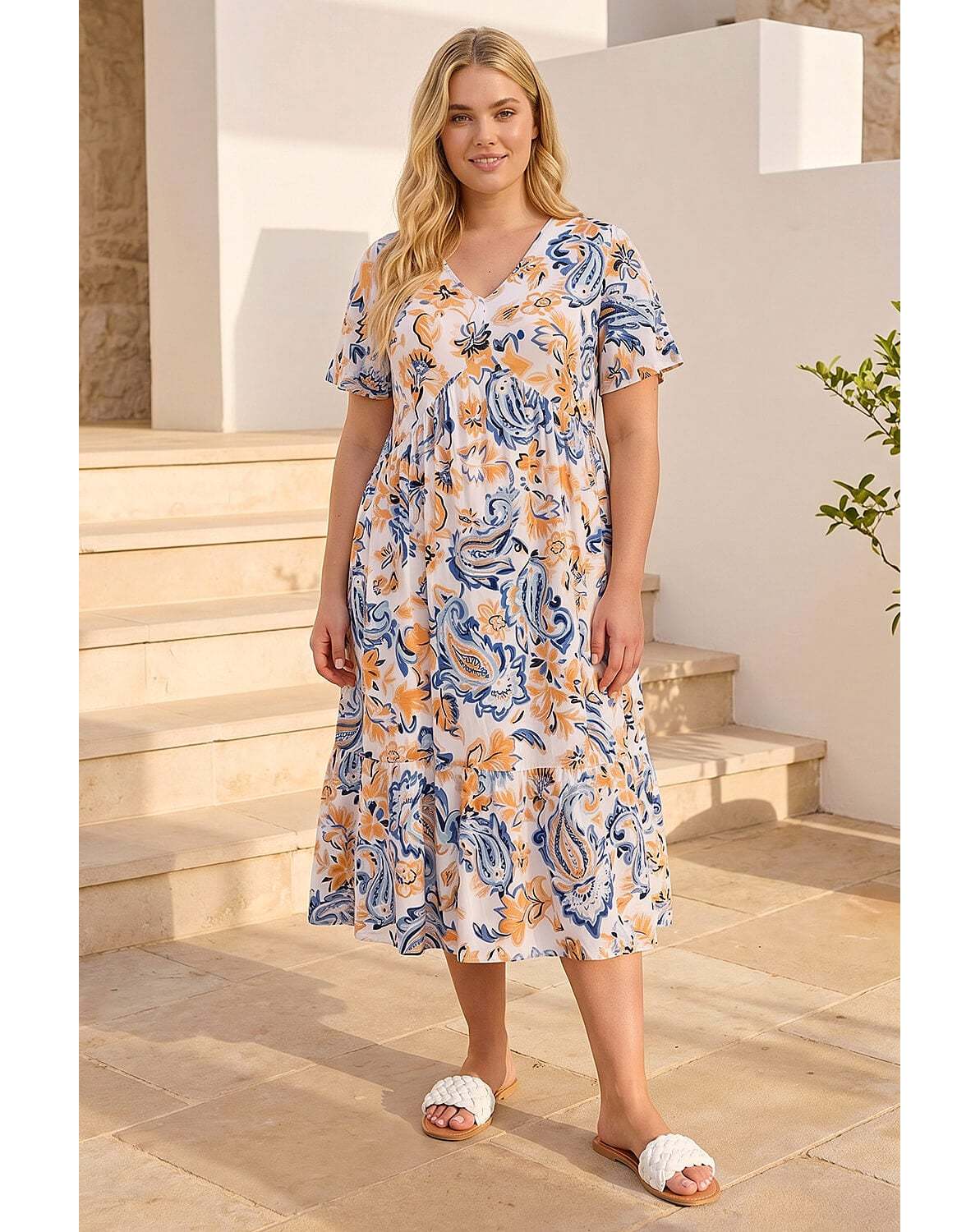 New In - Roman Curve V-Neck Tiered Dress