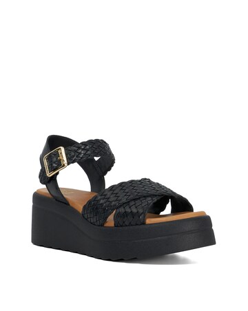 Dune Kinleys Black Leather Woven Flatform Sandals - Standard Fit (D)