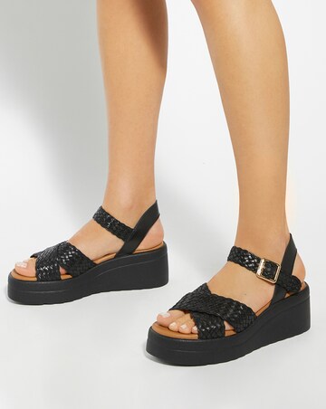 Dune Kinleys Black Leather Woven Flatform Sandals - Standard Fit (D)