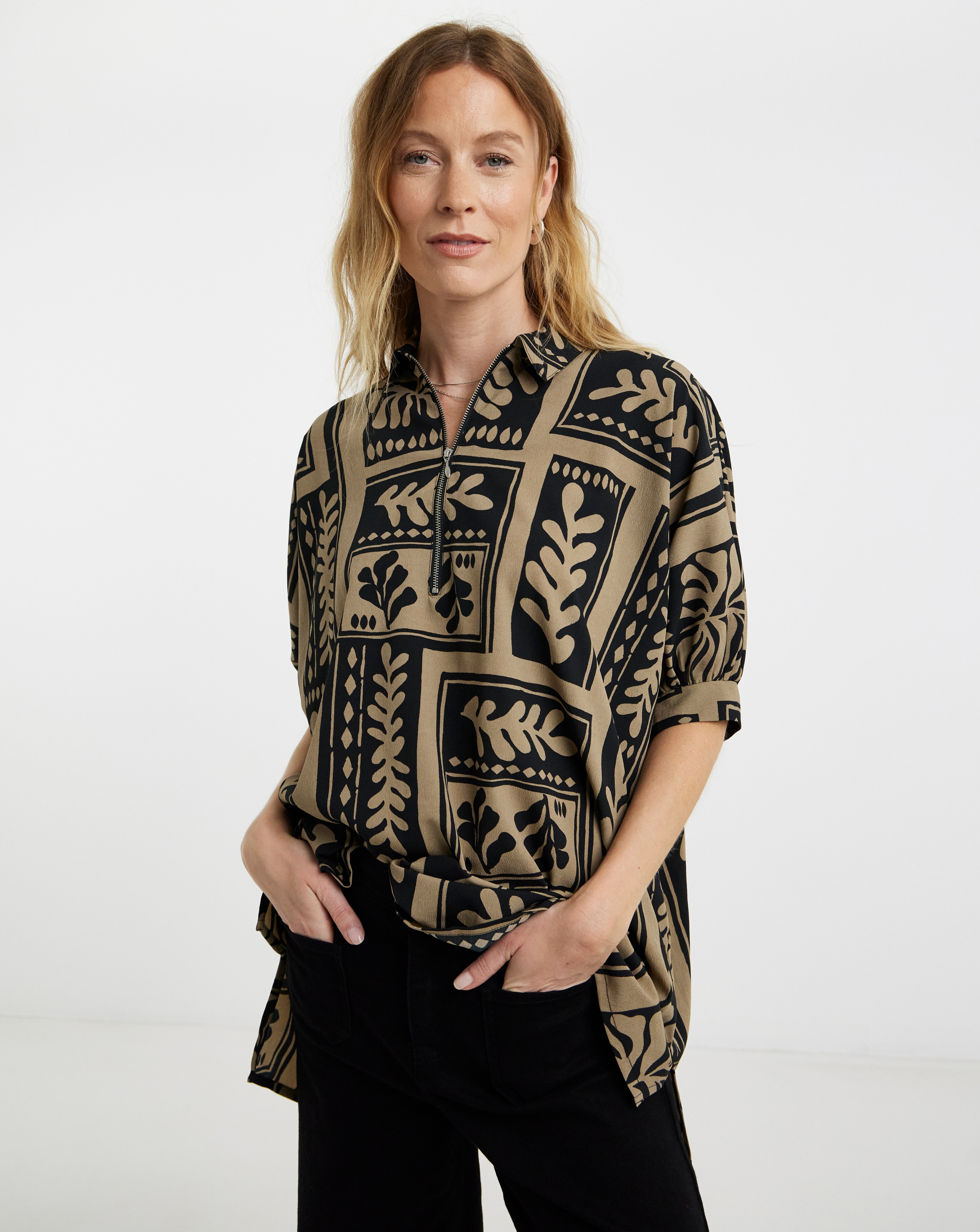 Zip Detail Oversized Blouse